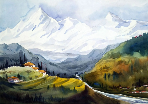 Beauty Of Himalayan Peaks (ART-1232-117613) - Handpainted Art Painting - 15in X 11in