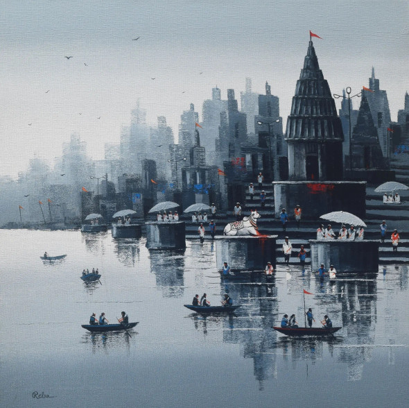 Nandi On Banaras Ghat (ART-7775-117595) - Handpainted Art Painting - 30in X 30in