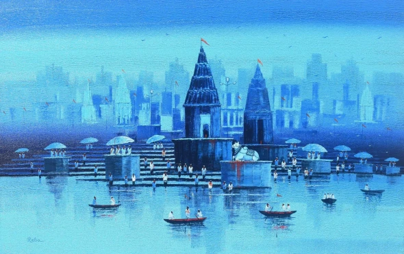 Nandi On Banaras Ghat (ART-7775-117593) - Handpainted Art Painting - 48in X 30in
