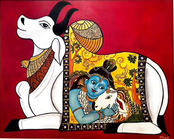 Balakrishna And The Divine Cow (Kamadhenu) (ART-17947-117604) - Handpainted Art Painting - 34in X 33in