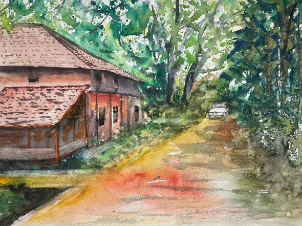 Countryside Road And Cottage (PRT-8841-117606) - Canvas Art Print - 24in X 18in
