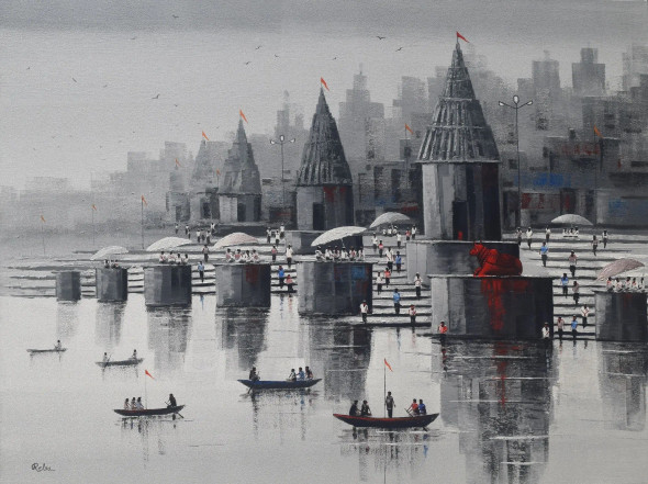 Nandi On Banaras Ghat (ART-7775-117594) - Handpainted Art Painting - 48in X 36in