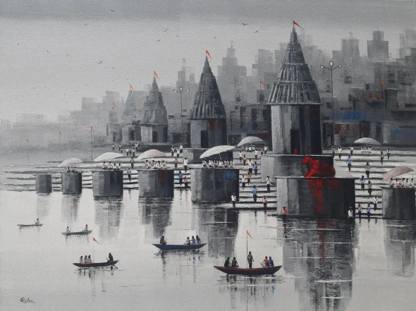 Nandi On Banaras Ghat (ART-7775-117594) - Handpainted Art Painting - 48in X 36in
