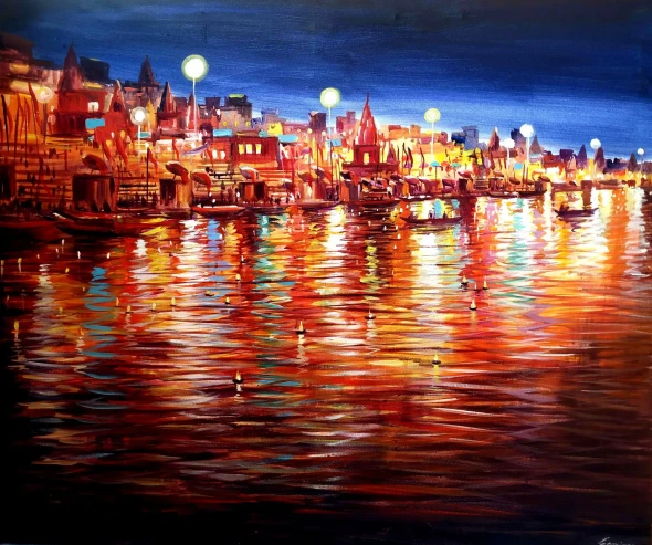 Beauty Of Festival Evening Varanasi Ghats (ART-1232-117611) - Handpainted Art Painting - 36in X 30in