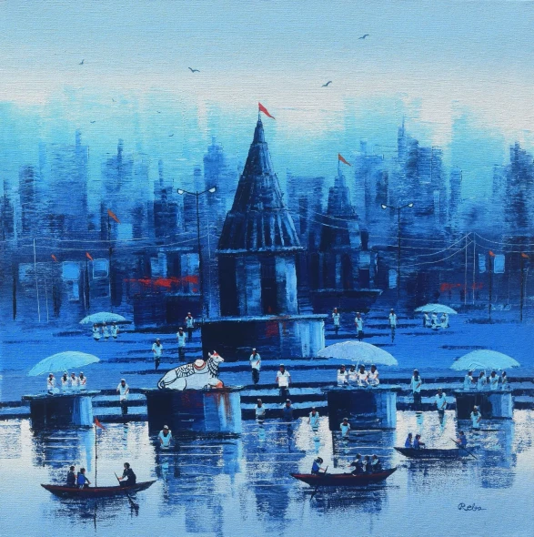 Nandi On Banaras Ghat (ART-7775-117596) - Handpainted Art Painting - 24in X 24in