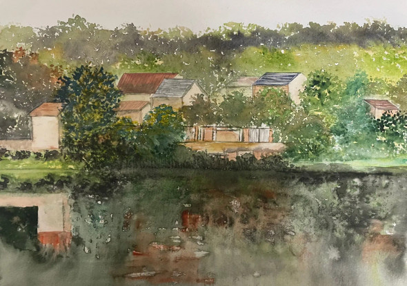 Twilight On Lakeside Cottages (ART-8841-117609) - Handpainted Art Painting - 15in X 11in