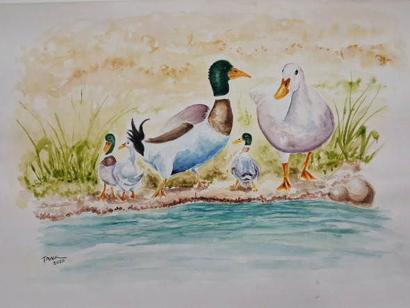 Duck Family By The Pond (ART-17901-117610) - Handpainted Art Painting - 16in X 12in