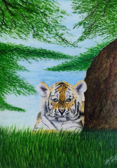 The Royal Bengal Cub (ART-17944-117638) - Handpainted Art Painting - 8in X 11in