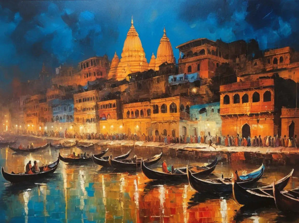 Varanasi Ghat Painting (ART-3319-117650) - Handpainted Art Painting - 48in X 36in