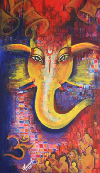 Vakratunda (ART-16388-117680) - Handpainted Art Painting - 27in X 50in