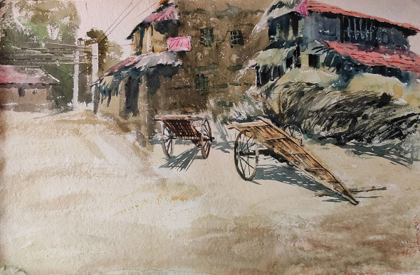 Village (ART-7901-117691) - Handpainted Art Painting - 23in X 15in