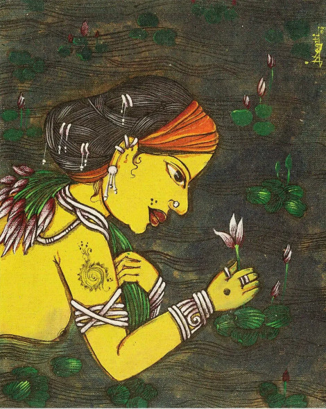 Tribal Painting-102 (ART-17595-117253) - Handpainted Art Painting - 12in X 12in