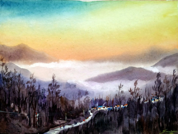 Sunset Himalayan Mountain Landscape (ART-1232-117658) - Handpainted Art Painting - 15in X 11in