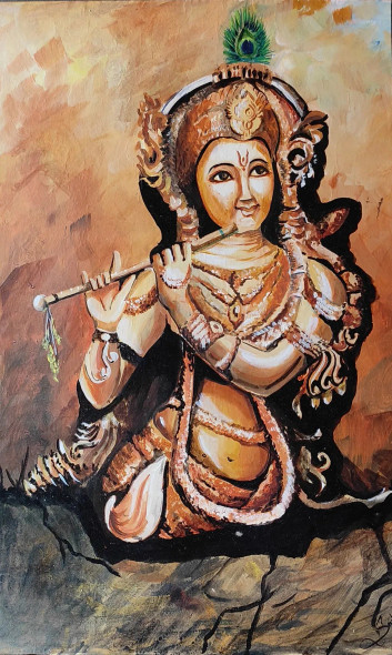 Krishna (ART-7901-117713) - Handpainted Art Painting - 14in X 20in