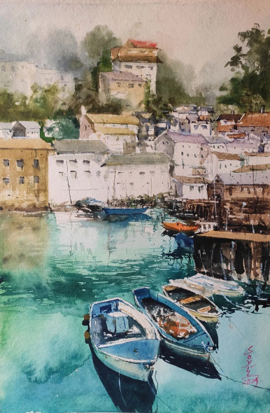 Boats (ART-7901-117710) - Handpainted Art Painting - 15in X 22in