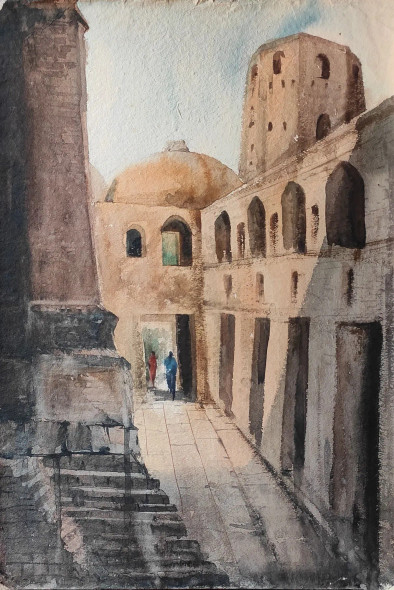 Katra Masjid (ART-7901-117705) - Handpainted Art Painting - 15in X 22in