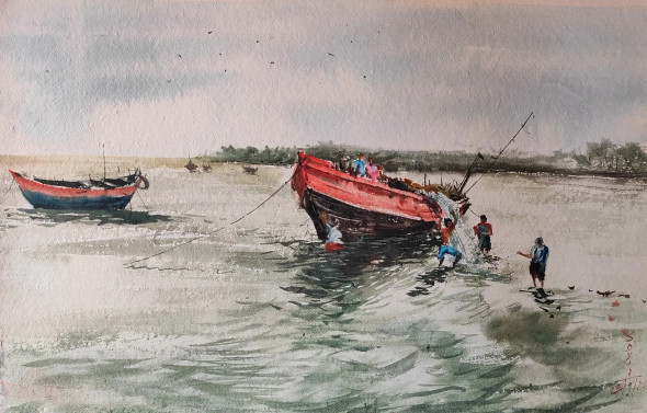 Boat (ART-7901-117692) - Handpainted Art Painting - 23in X 15in
