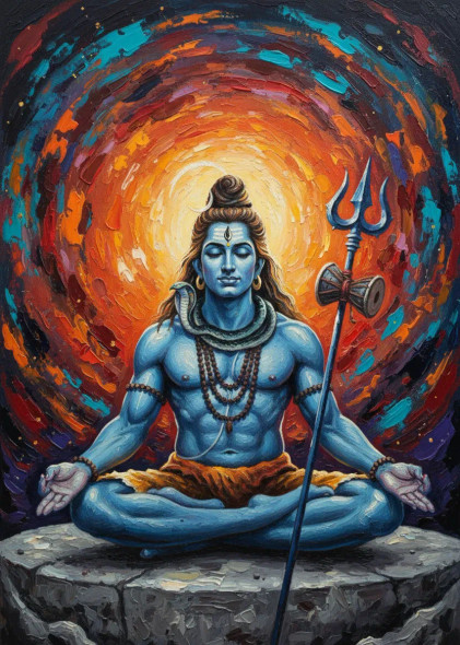 Lord Shiva Painting (ART-3319-117666) - Handpainted Art Painting - 36in X 48in