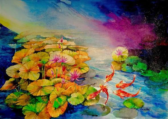 Lotus Pond With Koi (ART-8538-117664) - Handpainted Art Painting - 28in X 20in