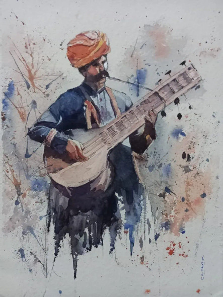 MAN PLAYING TAANPURA (ART-8950-117760) - Handpainted Art Painting - 11in X 15in