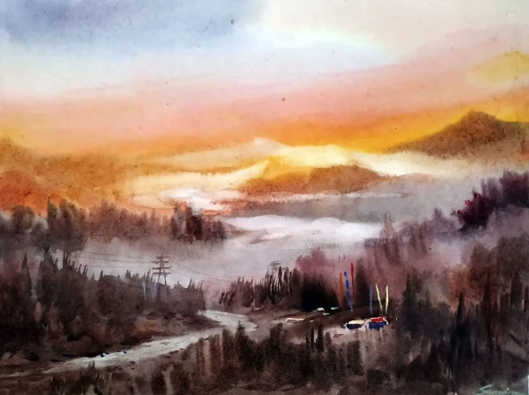 Cloudy Sunset Himalaya Mountain (ART-1232-117660) - Handpainted Art Painting - 15in X 11in