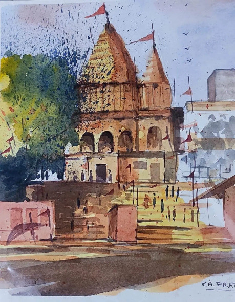 VARANASI GHAT (ART-8950-117756) - Handpainted Art Painting - 8in X 10in