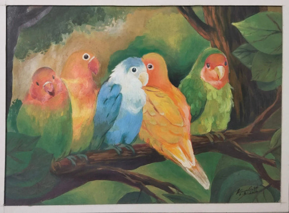 Parrots (ART-17909-117734) - Handpainted Art Painting - 13in X 9in