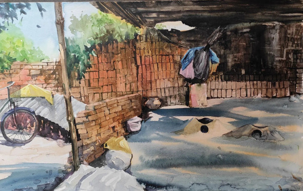 Village Life Series (ART-7901-117694) - Handpainted Art Painting - 22in X 14in