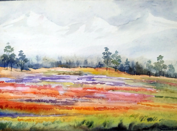 Beauty Of Mountain & Flowers Valley (ART-1232-117657) - Handpainted Art Painting - 15in X 11in