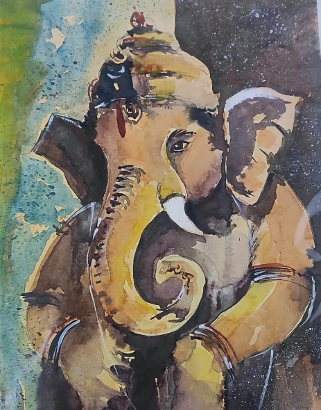 LORD GANESHA (ART-8950-117758) - Handpainted Art Painting - 11in X 15in