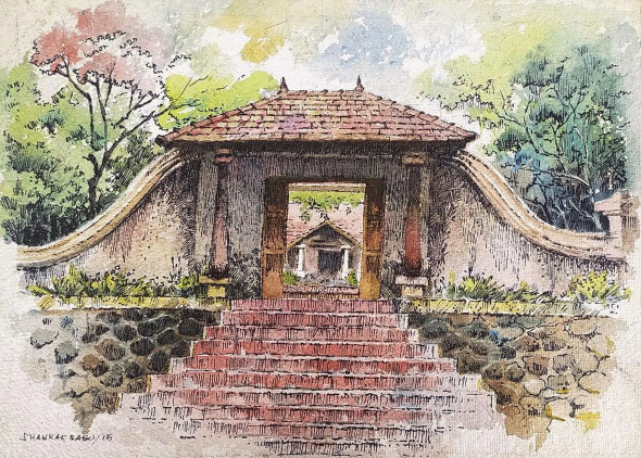 KERALA TEMPLE ENTRANCE (ART-662-117778) - Handpainted Art Painting - 14in X 10in