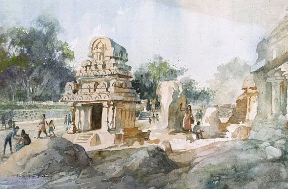 MAHABALIPURAM (ART-662-117814) - Handpainted Art Painting - 17in X 11in