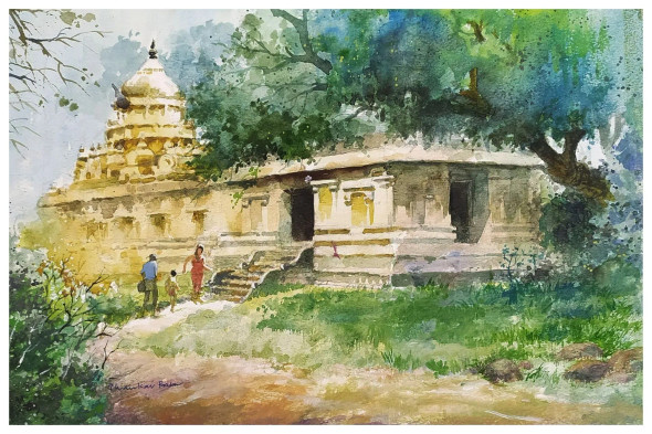 GANGAI KONDA CHOLAPURAM AMMAN TEMPLE (ART-662-117832) - Handpainted Art Painting - 17in X 11in