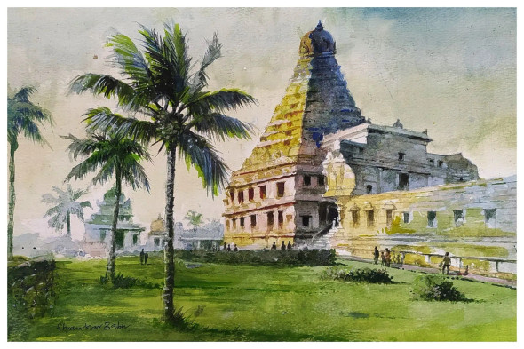 THANJAVUR BIG TEMPLE (ART-662-117833) - Handpainted Art Painting - 17in X 11in