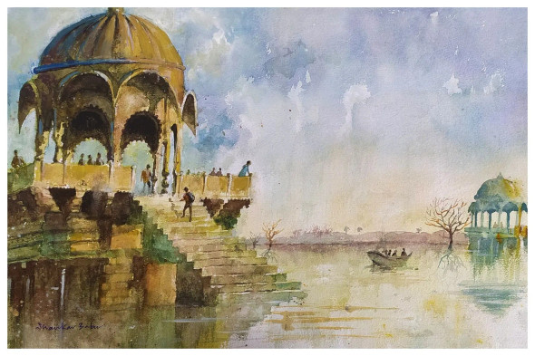 JAISALMER GADISAR LAKE (ART-662-117834) - Handpainted Art Painting - 17in X 11in