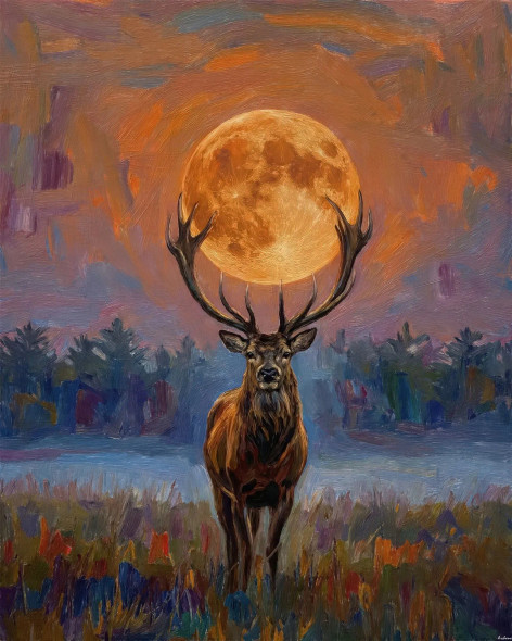 Amber Orb Over The Tundra Stag (104637) (PRT-15697-117674) - Canvas Art Print - 48in X 60in