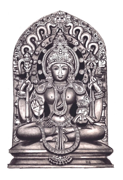 Goddess Saraswati – Hoysala Sculpture In Black & White (PRT-17970-117872) - Canvas Art Print - 21in X 30in