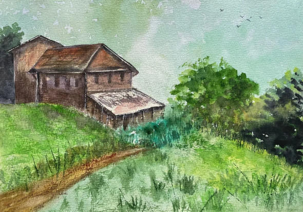 Cottage On A Hillock (ART-8841-117851) - Handpainted Art Painting - 11in X 8in