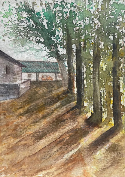Sunlit Forest Path (ART-8841-117842) - Handpainted Art Painting - 8in X 11in