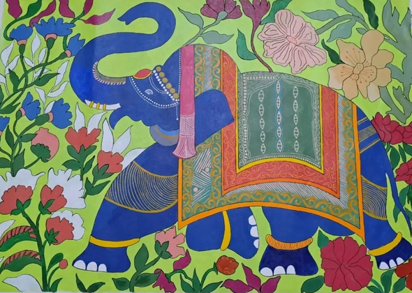 The Royal Blue Elephant (Jungle Majesty) (ART-8779-117838) - Handpainted Art Painting - 36in X 24in