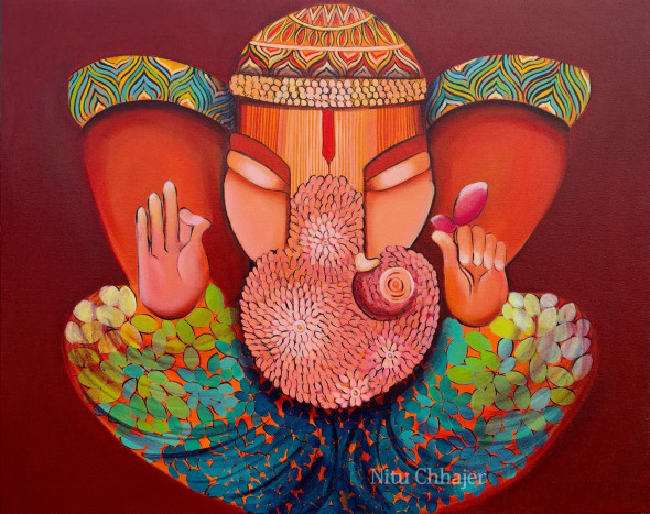 Gajanan (ART-3702-117886) - Handpainted Art Painting - 30in X 24in