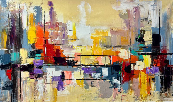 “Vibrant Urban Echoes – Textured Abstract Cityscape” (ART-16885-117907) - Handpainted Art Painting - 60in X 30in