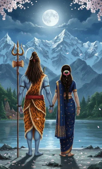 Lord Shiva With Parvati Maa Heaven View Of Earth (ART-3319-117912) - Handpainted Art Painting - 30in X 48in