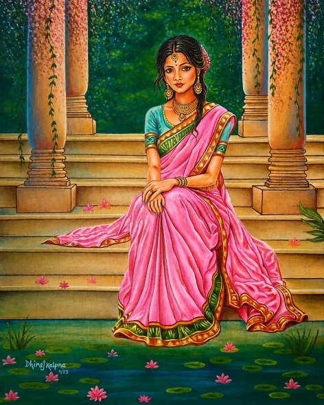 Rajasthani Princess In Pink Saree (ART-17787-117818) - Handpainted Art Painting - 16in X 20in