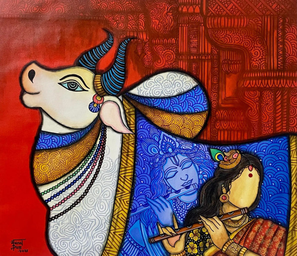 Kishan (ART-7129-117899) - Handpainted Art Painting - 37in X 32in
