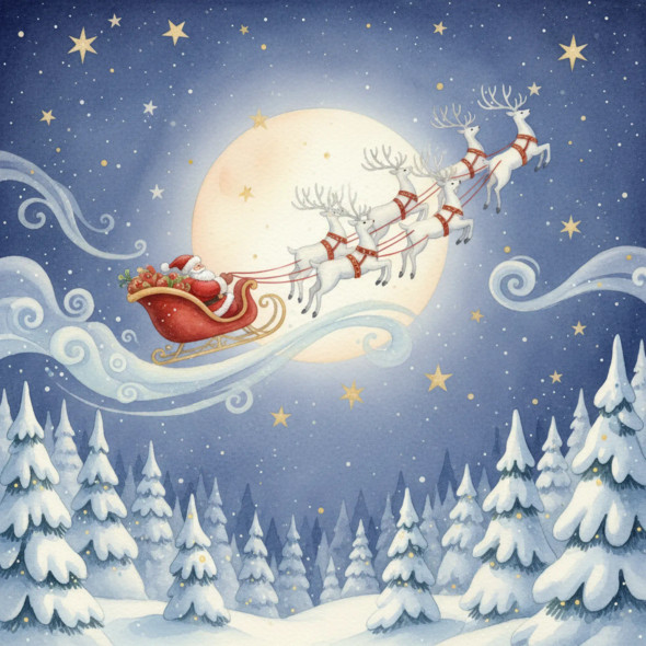 Santa’s Moonlit Ride Through The Winter Pines (PRT-8429-117890) - Canvas Art Print - 18in X 18in
