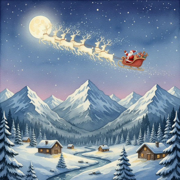 Santa’s Moonlit Journey Over Winter Valley (PRT-8429-117889) - Canvas Art Print - 18in X 18in