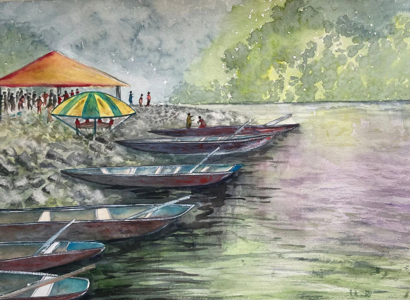 Picnic Around Serene Lakeside (ART-8841-117952) - Handpainted Art Painting - 15in X 11in