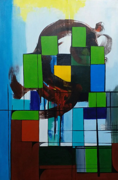Fractured Verdure: Geometric Reverie (ART-17719-117504) - Handpainted Art Painting - 24in X 36in