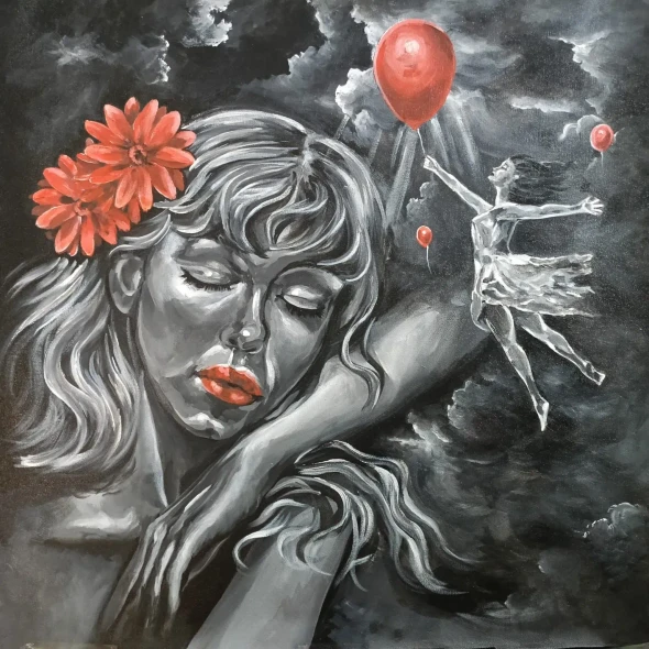 Surreal Dreamscape Acrylic Painting – Woman With Red Balloon (ART-3674-117964) - Handpainted Art Painting - 24in X 24in